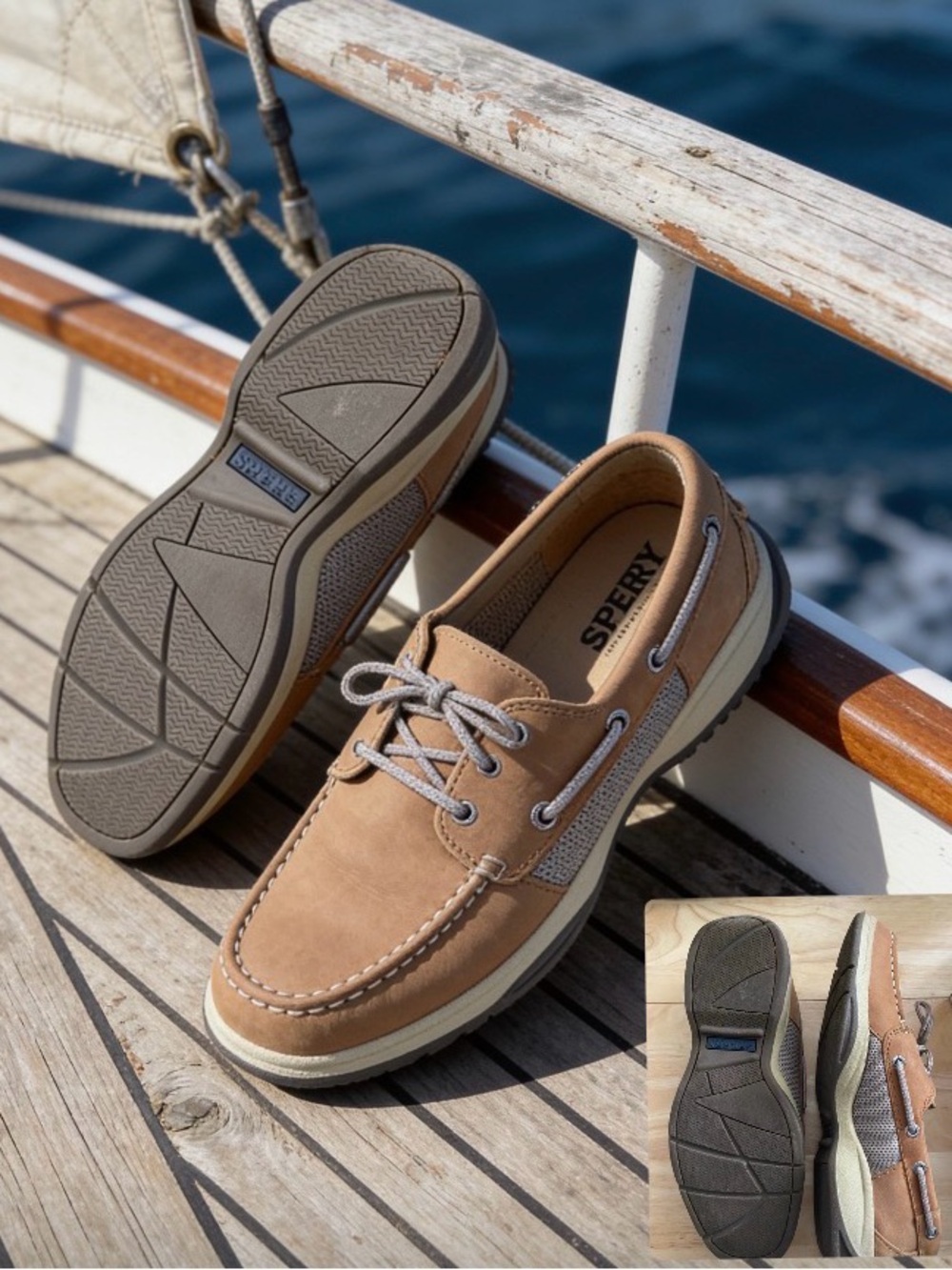 Sperry Men’s Tan Leather Boat Shoes with Grey Laces